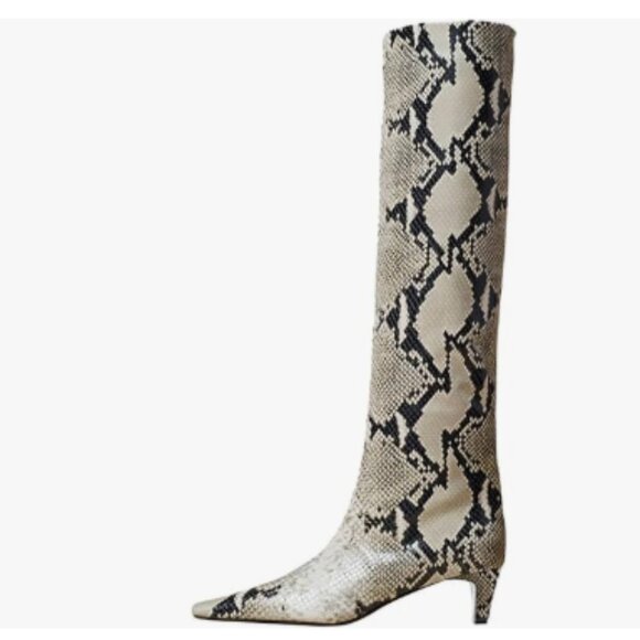 miss left Snakeskin Stretchy Knee High Boots Square Toe Kitten Heel W - Picture 1 of 10